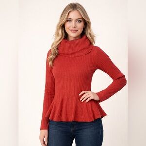 Anthropologie Brick Red Ribbed Cowl-Neck Peplum Sweater